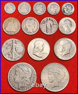 (14) 90% Silver Us Coin Type Set Collection Dimes Quarters Halves Dollars Lot
