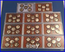 2010 2020 S Clad Proof Quarter Sets- 11 set lot-55 Coins- No Box/COA