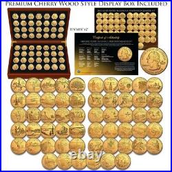 Complete 24K GOLD Clad STATEHOOD Quarter 56 Coin Set in Premium Cherry Wood Box