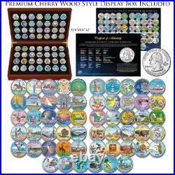 Complete COLORIZED STATEHOOD Quarter 56 Coin Set in Premium Cherry Wood Box